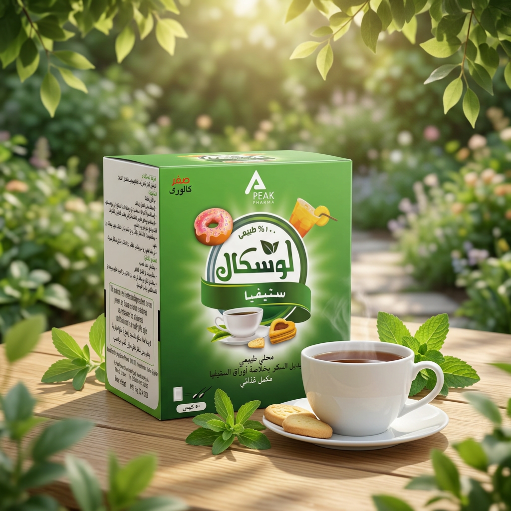 عبوة لوسكال ستيفيا محلي طبيعي من بيك فارما بجانب كوب شاي وقطع بسكويت على طاولة خشبية في حديقة - Loscal Stevia natural sweetener pack by Peak Pharma with a cup of tea and biscuits on a wooden table outdoors.