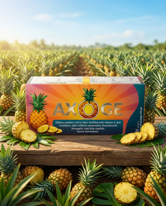 عبوة المكمل الغذائي أكسوج (Axoge) الغني بالألياف بنكهة الأناناس من بيك فارما، موضوعة على سطح خشبي وسط حقل أناناس مشمس مع شرائح وحبات أناناس طازجة - Box of Axoge dietary supplement pineapple flavor by Peak Pharma, placed on a wooden surface surrounded by fresh pineapples in a sunny field.