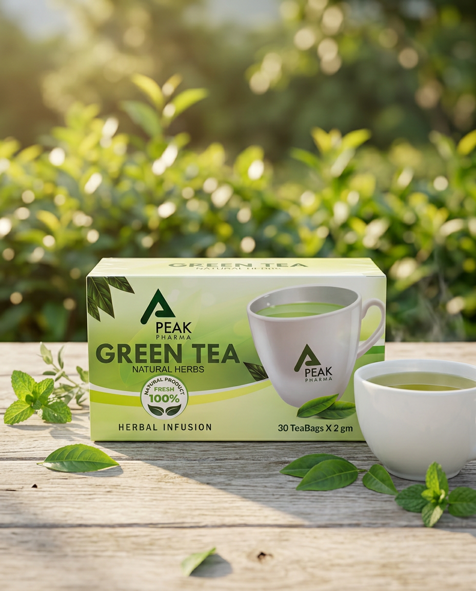 عبوة شاي أخضر طبيعي من بيك فارما بجانب كوب شاي على طاولة خشبية في الهواء الطلق - Green Tea natural herbs packaging by Peak Pharma with a cup of tea on a wooden surface in an outdoor setting.
