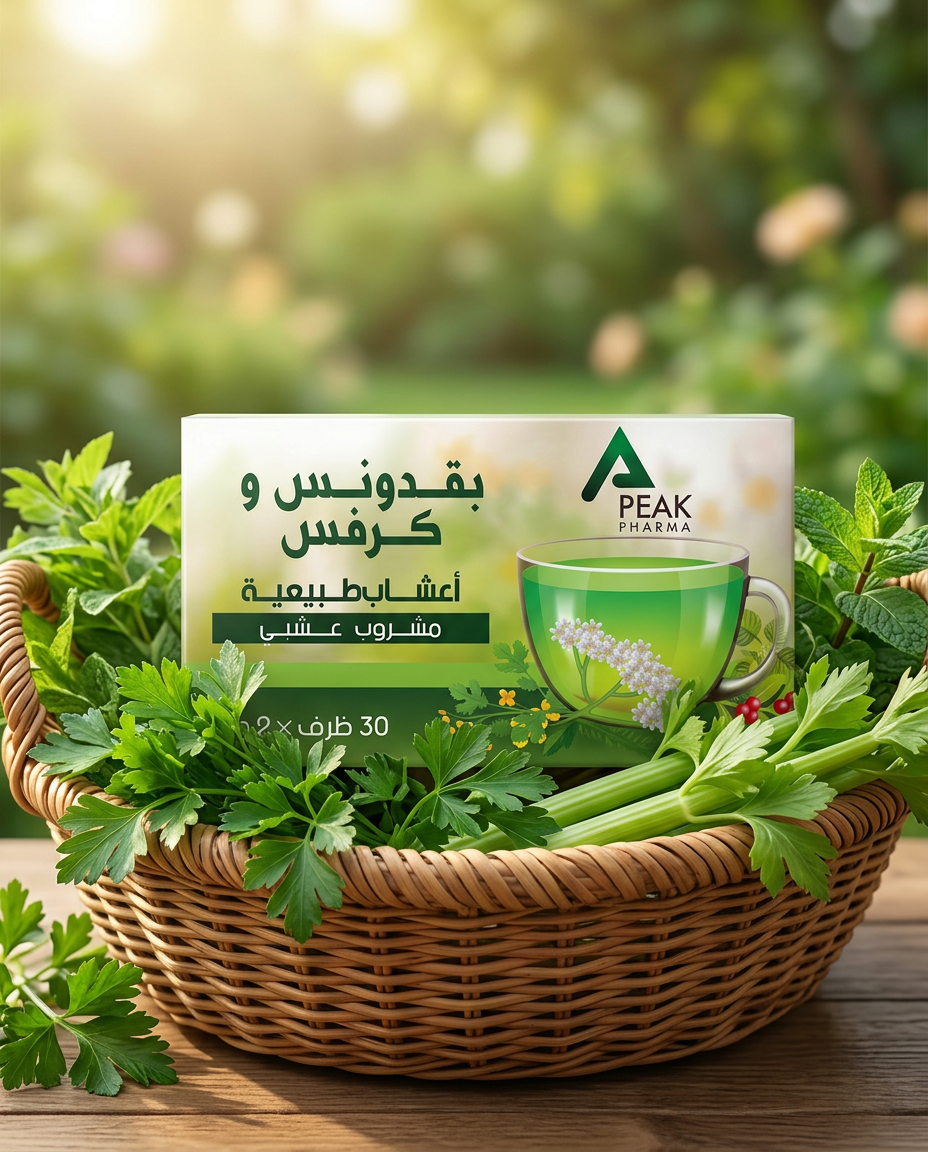 عبوة مشروب أعشاب بقدونس وكرفس من بيك فارما داخل سلة خوص مع أعشاب خضراء طازجة - Parsley and Celery herbal drink box by Peak Pharma inside a woven basket with fresh herbs.